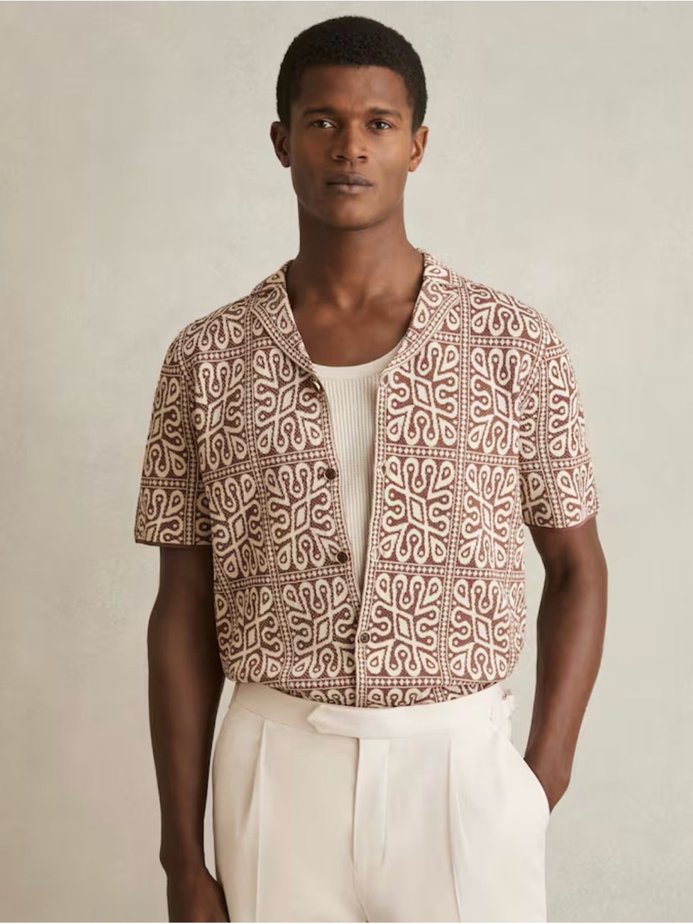 Reiss River Tile Pattern Knit Shirt Brown White Cuban Collar Men's Small